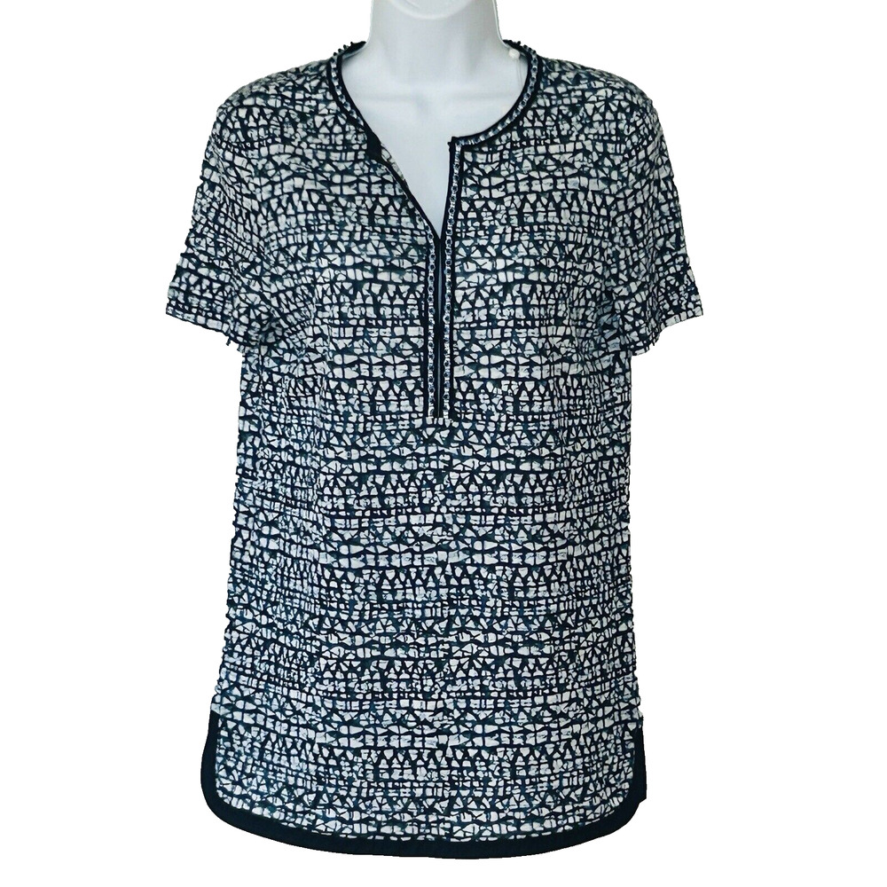 Tory Burch Linen Top Size XS Blue Tribal Longline Tunic Beaded NWT
